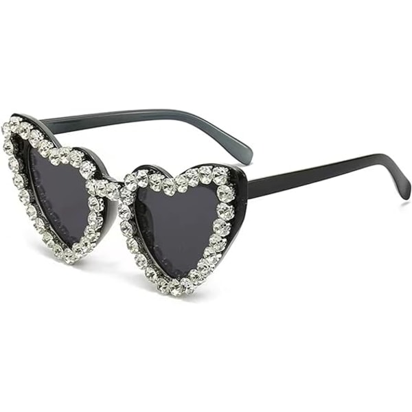 Ett par hjärtformade damsolglasögon trendiga söta glänsande diamant strass polariserade solglasögon (svart båge)