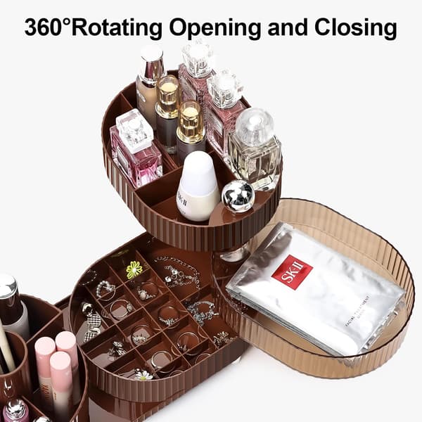 Makeup Organizer, 360° Roterende Make Up Organizer med 3-lags rum, Perfekt til Kommode, Badeværelse, Soveværelse (Brun, Tre lag)