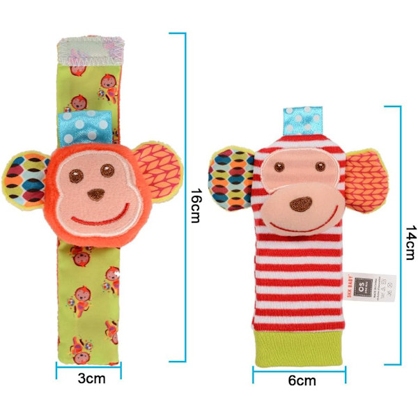 Baby Rattle, 4 stk. spedbarns håndledskall og fotfinnersett sokkeleker Utviklingsmessige myke dyreleker (2 elefanter + 2 aper)