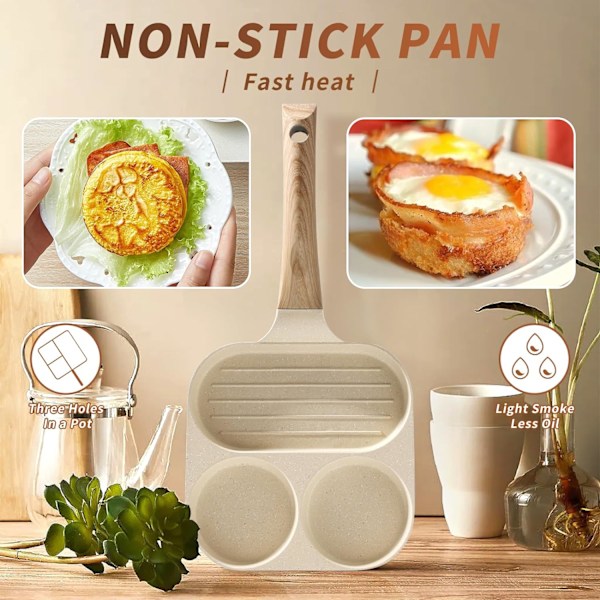 3 huller stegepande, ægpande med non-stick sund granit til morgenmad, multi æg stegepande