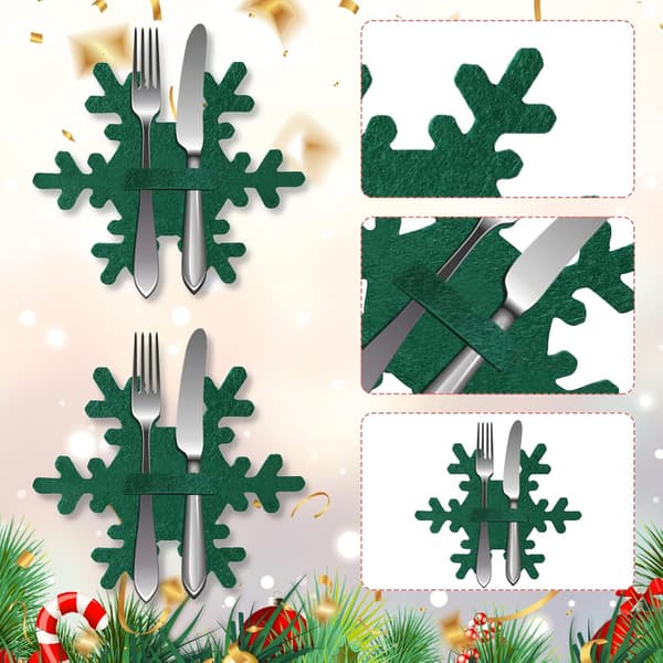 4 stk. julebestikholdere, julesnefnugformede bestikposer til julepynt, middagsbord, festpynt (grøn)