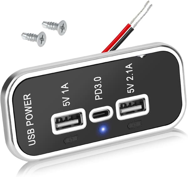 USB-laddaruttag, Snabbladdning PD3.0 Typ C & Dubbel USB A Laddaruttagspanel för 12V/24V Bil Husbil Båt, 2 ST - Silver