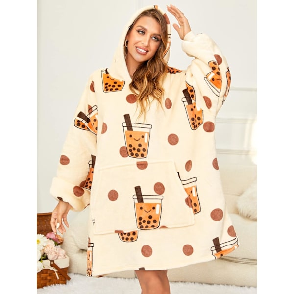 Oversized bærbare tæpper, blødt plys trykt Sherpa tæppe sweatshirt med lommer, one size fits all Milk Tea