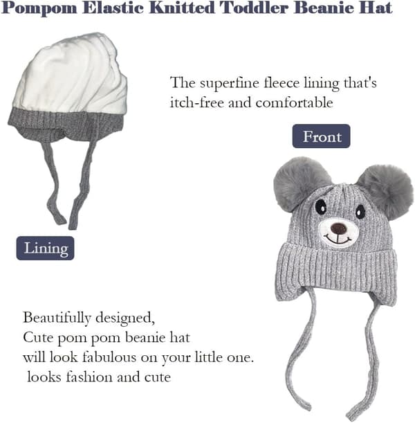 Sød bjørne-vinterhue til børn med øreklapper og rem, 1-5 år, dobbelt pompon-chenille strikket varm hue til baby (grå)