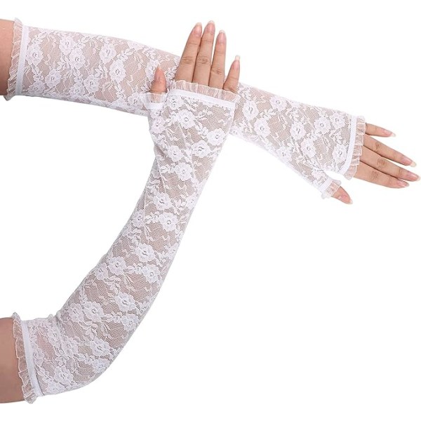 Kvinnors UV-skydd långa spets/enfärgade fingerlösa handskar, vita