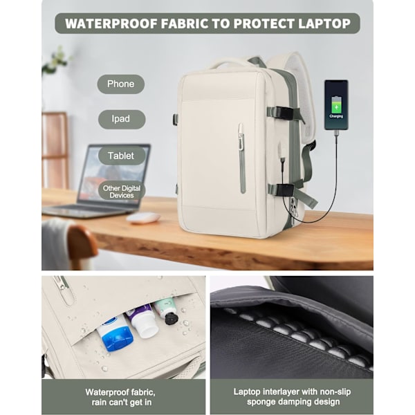 Stor Resebackpack för Laptop för Kvinnor, Handbagage Godkänd av Flygbolag, Utbyggbar Arbetsryggsäck, Personligt Föremål med Laptop beige green