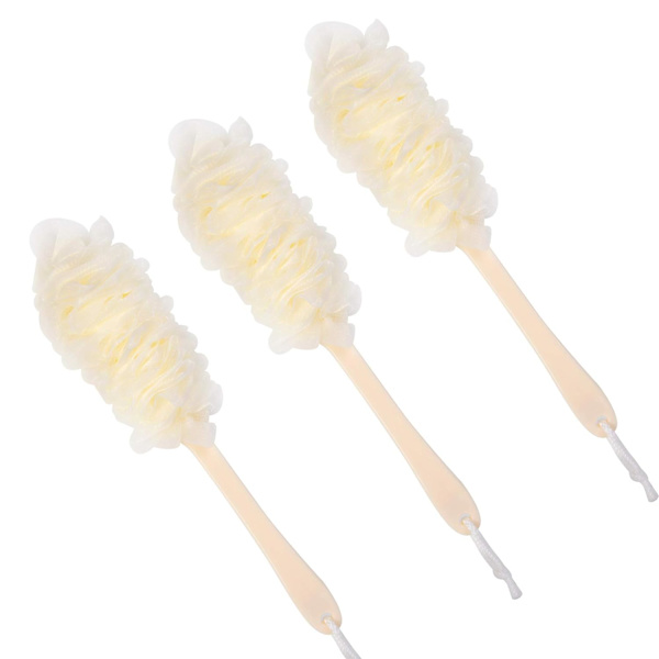 Duschborste med långt handtag, badsvamp med långt handtag, mjuk nylonnät ryggrengöringsbricka, män och kvinnor (3-pack, vit)