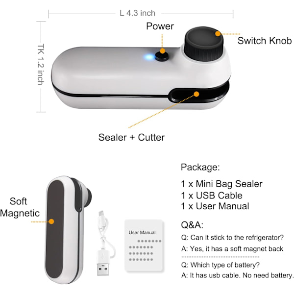 Miniposeforsegler, 2 i 1 USB-oppladbar varmeforsegler og kutter, miniposeforsegler med myk magnet