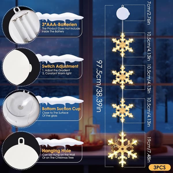 3 LED-jouluvaloa lumihiutaleikkunaan, lämmin valkoinen