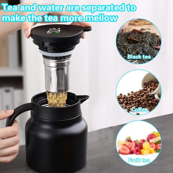 Vakuumtekande med infuser, si til løs te, kaffekande i rustfrit stål med temperaturdisplay, 800 ml, sort