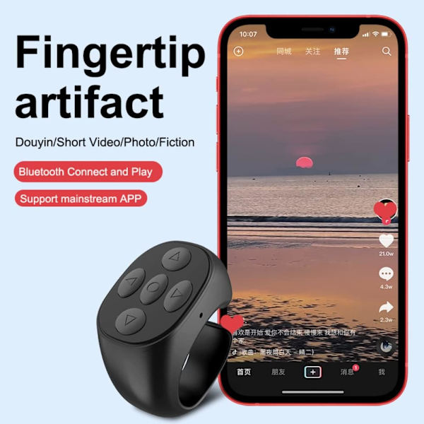 BAISE Bluetooth-fjärrkontrollring, mobiltelefon självutlösare kort videofjärrkontroll