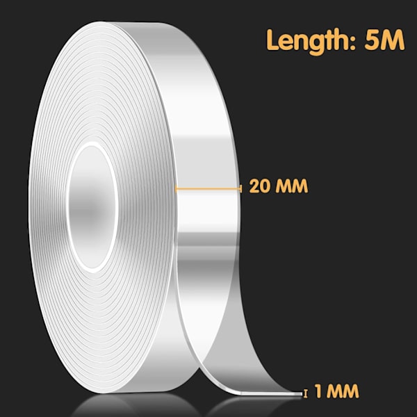 Dobbeltsidig tape Heavy Duty, Vanntett Akryl Dobbeltsidig Klebende Klar Tape, Fjernstick Tape for Vegger/Teppe/Tre(5M x 2CM x 1MM)