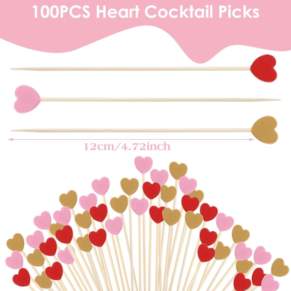 100 stk. Hjerteformede Bambus Cocktail Picks, 4,7 tommer Mad Tandpirkere til Forretter, Charcuterie, Søde Hjerteformede Spid, Dekorative