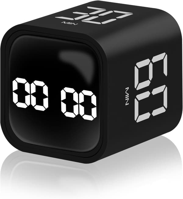 Tyngdekraftssensor Flip Cube Timer, Køkkentimer til madlavning, Lydløs studietimer, Digital nedtællingstimer til børn, Fitness (Sort)