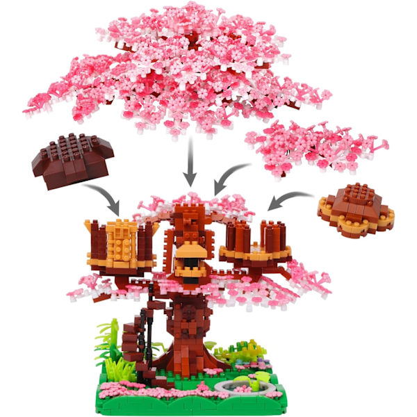 Mini Körsbärsblomsträdhus Bonsai Träd Byggstenar Set, Sakura Botanisk Samling Byggset för Vuxna, 14+ Tonåringar, Heminredning Tillbehör