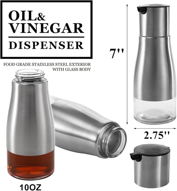 2-pack 300 ml silver olivolja- och vinägerdispenser-set, rostfritt stål med glasbotten