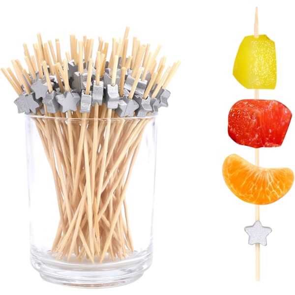 100 stycken cocktailpinnar för att dekorera cocktails, charcuterie-koppar och desserter på julpartyn eller utomhusmåltider - Silverstjärna
