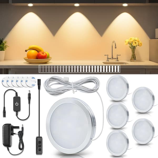 LED Puck-lys under skab, belysningssæt under disk, DC 12V 3000K Varm Hvid Køkkenlys (6-pak)