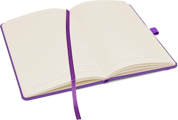 A5 notesbog med linjerede sider, bånd, datomærker og papirlomme, medium hardback journal, note, bæredygtigt produceret papir (lilla)