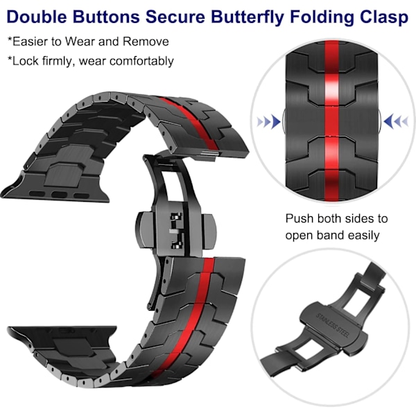 49mm 45mm 44mm 42mm Kompatibel med Apple Watch-remmer, Menn Rustfritt Stål Rem Metall Erstatningsbånd, Svart/Rød 42mm 44mm 45mm 49mm