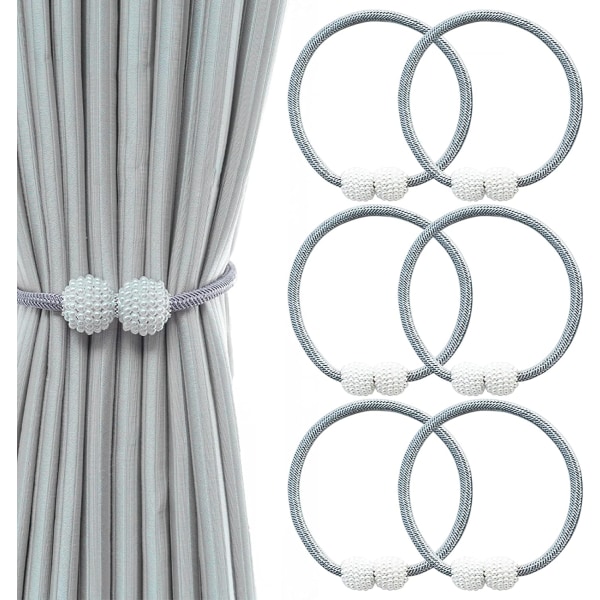 6 Pack Magnetic Curtain TieBacks, Curtain Clip Cord Buckle, Curtain Drape Holdbacks for Home Office Window, Decorative Weave Rope Holder, Grey