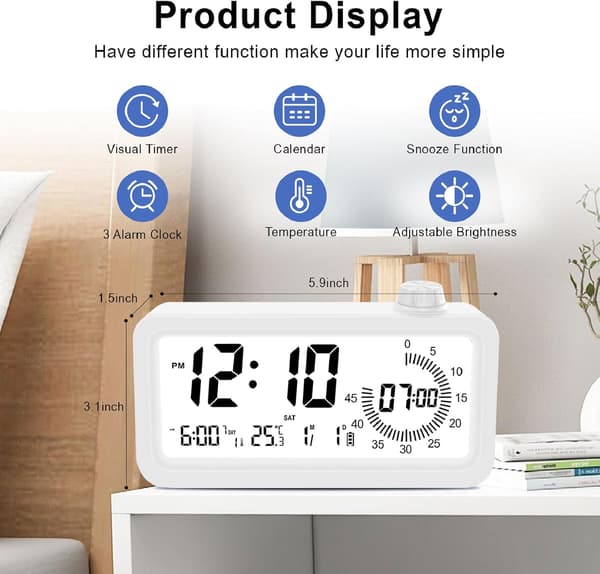 Digital Visuel Timer, 60 Minutters Nedtællingstimer, 3 Alarmtilstande, Temperatur- og Datovisning, til Børnekøkken, Hvid
