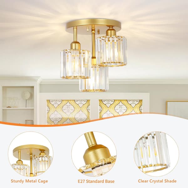 1 stk. moderne krystallysekroner, 3-lys krystallamper til stuen, semi-flush loftslamper (guld)