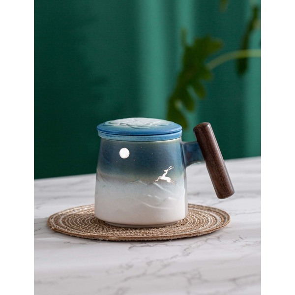 Månehjort Keramisk Tekopp med Te-infuser og Lokk Kaffe-krus med Sil og Tretthåndtak 14.5 OZ (Svart og Blå)
