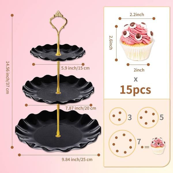 3-lags Cupcake Stativ Holder, Plastik Cupcake Stativ Håndklæde med Tiered Serveringsbakke til Cupcakes, 2 stk, Hvid og Sort