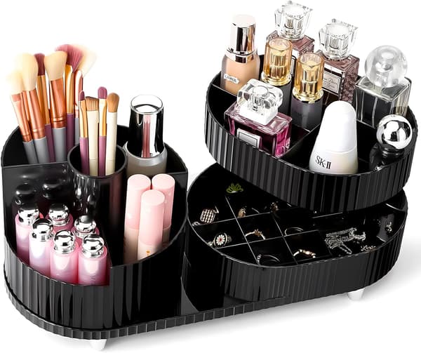 Makeup Organizer, 360° Roterende Makeup Organizer med 3-lags Rum, Perfekt til Kommode, Badeværelse, Soveværelse (Sort, To lag)
