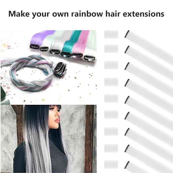 22 tommers farget hår extensions, flerfarget fest høydepunkter klips i syntetisk hår extensions (10 stk hvite)