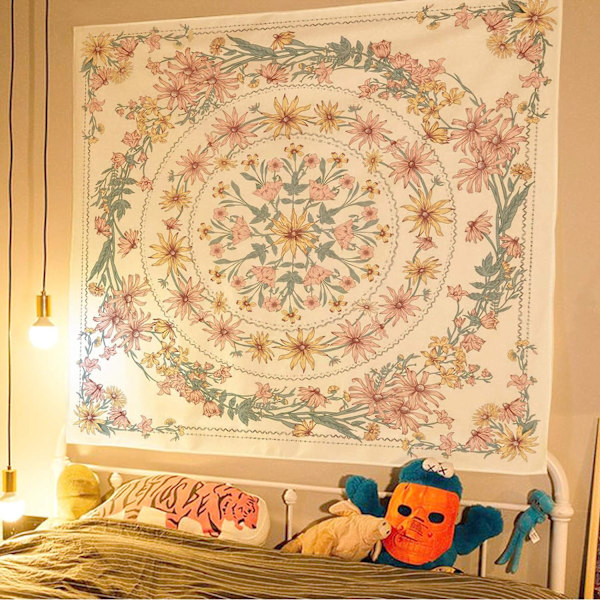 Mandala Blommig Medaljong Gobeläng, Skissad Blomväxt Boho Väggbonad, Bohémiska Hippie-Tapisserier