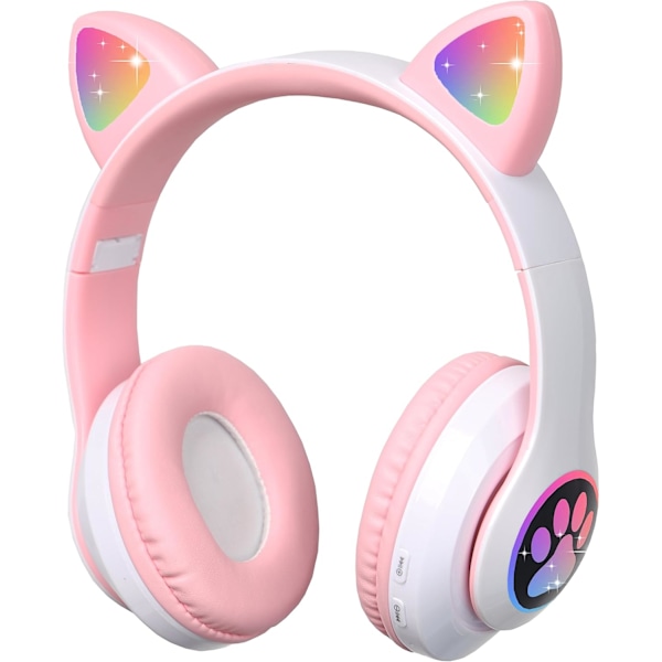 Pinkit Bluetooth-kuulokkeet lapsille mikrofonilla, kissa-korvapanta, LED-valolla, kokoontaitettavat langattomat kissa-korvakuulokkeet