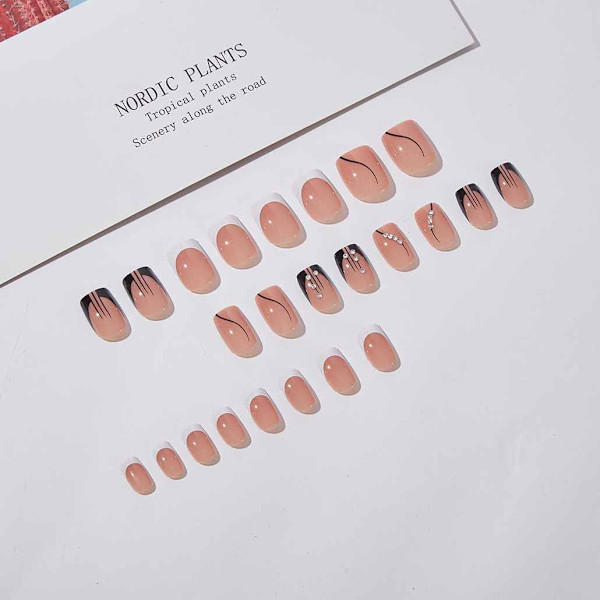 Kvadratiska tryck på naglar Rhinestone svarta falska nagelspetsar kvinnors franska falska, daglig användning artificiell nageldekoration, 24 st