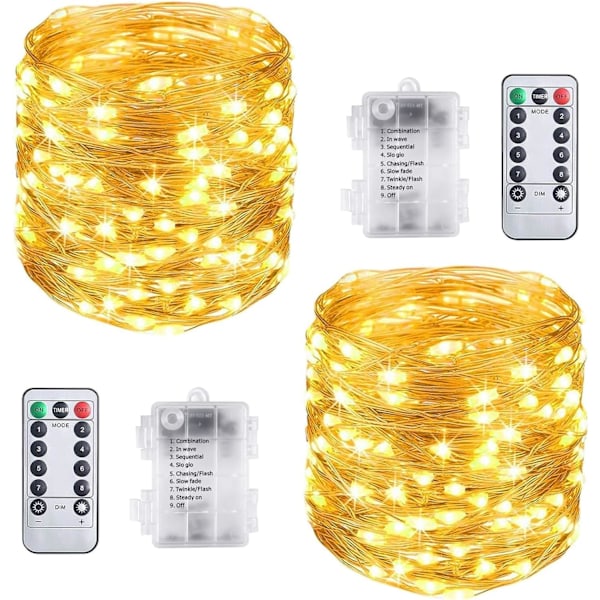 Feelysslyng, 2 stk Lyslenker 10m 100 LED med Fjernkontroll, 8 Moduser Vanntette Kobber Lyslenker for Julelysdekorasjoner