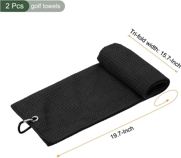 2 stk. Tre-foldede golfhåndklæder, golfkølle vaffelmønster håndklæder, med D-clips til golfboldelskere (sort, 50x40 cm)