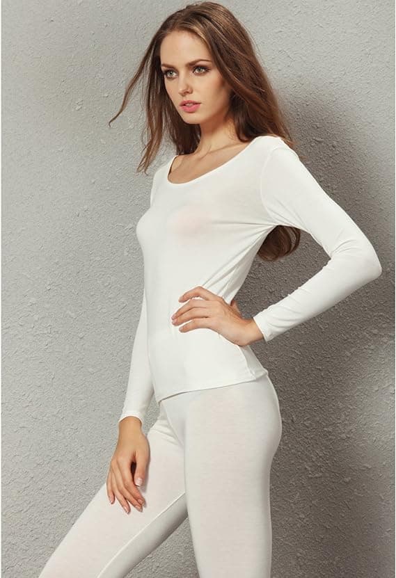 Kvinners Crew Neck Top & Bottom Ultra Thin Termisk Underklær Sett Off-white L