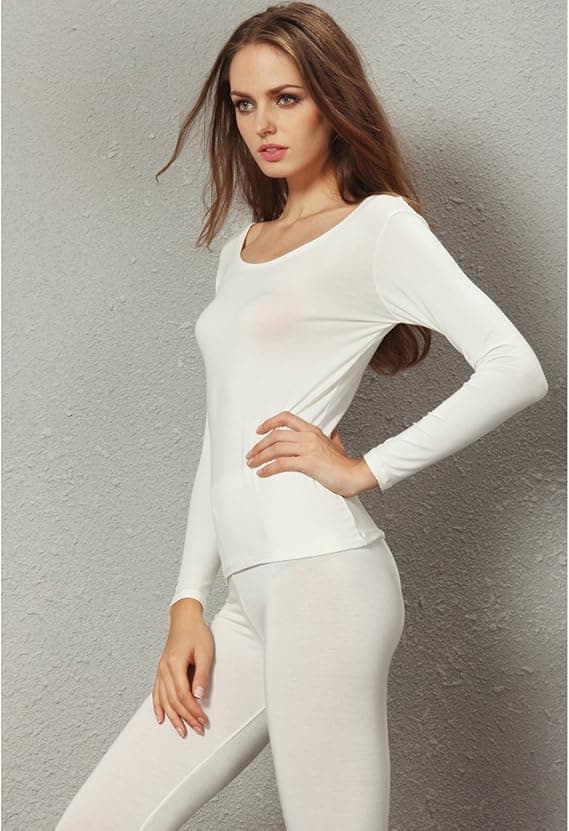 Kvinners Crew Neck Top & Bottom Ultra Thin Thermal Underwear Set Off-white M