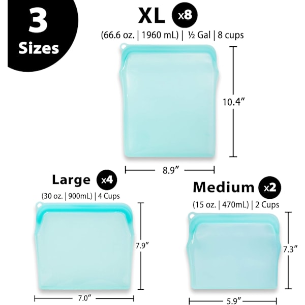 100% fødevaregodkendte, genanvendelige silikone fryseposer til mikroovn, ovn, køleskab, sous vide-madlavning og bagning