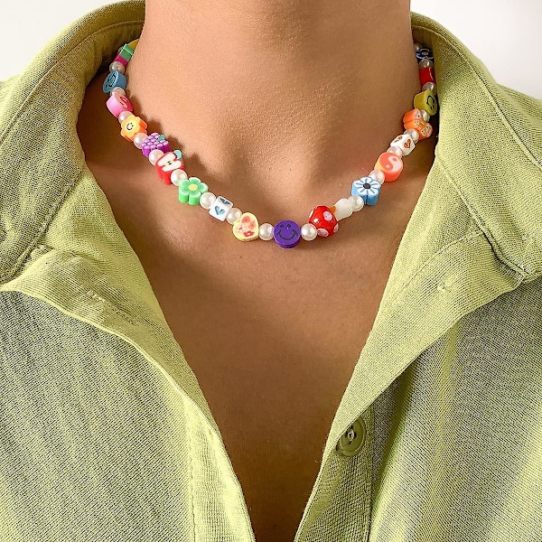 Boho Smiley Lagdelt Perlekjede med Strand Armbånd, Smiley Ansikt Blomster Hjerteformet Perler Perle Stackabl (Tilfeldig Stil)