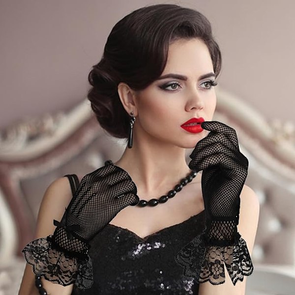 Par Dame Lace Handsker Elegante Etikette Tilbehør Hånd Tilbehør Bryllup Middag Te Party Kjole Opera Kostume Prom Halloween Cosplay Sort