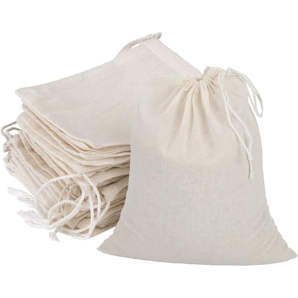 20 stk gjenbrukbare bomullsposer med snor, naturlige ublekede bomullsfilterposer for urter, (12*15cm)