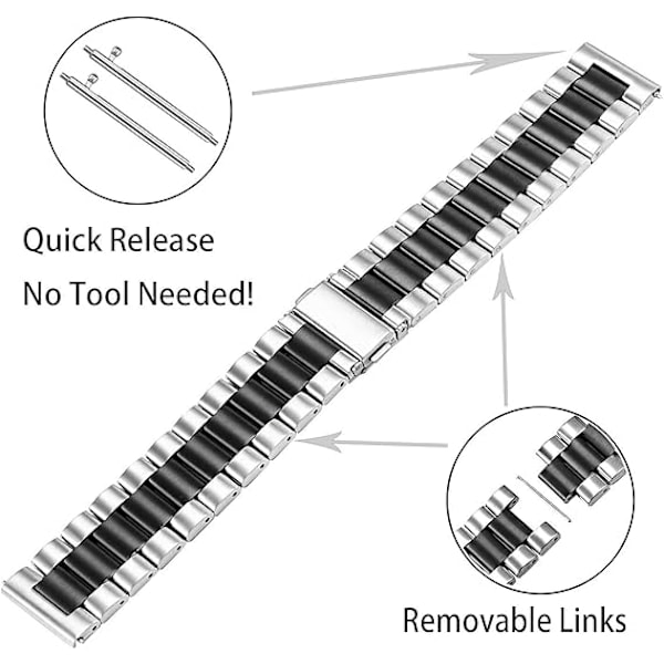 Kompatibel med HUAWEI WATCH GT4 46mm Band, Quick Release rustfritt stål metall erstatningsstropper sølv-svart (ingen verktøy inkludert)