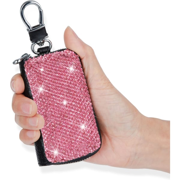 Bling Crystal Bilnøgle Etui Ægte Læder Auto Smart Nøgleholder Metal Krog og Nøglering Lynlås Taske til Fjernbetjening