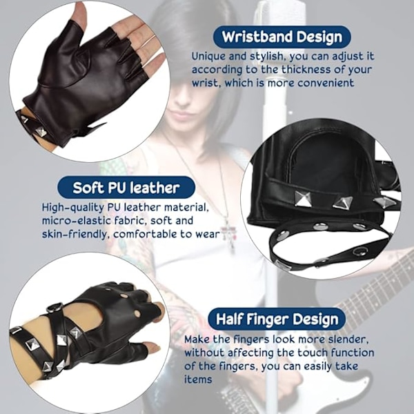 Punk Handsker i Nitter Halvfinger Handsker med Nitter Finger Handsker til Halloween Kostumer, Hip Hop, Forestillinger, Fester (Sort)