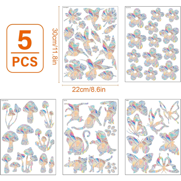 5 sett vindusdekaler for fuglebeskyttelse, regnbue vindusbilder klistremerker fugl anti-kollisjon vindusklistremer statiske klistremer vindusdekorasjon