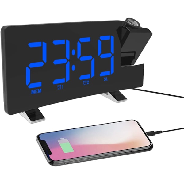 Projektionsvækkeur LED-skærm 4 justerbar lysstyrke Digitalt radiovækkeur med USB-telefonoplader Vækkeur med 2 alarm snooze-funktion Grøn blue
