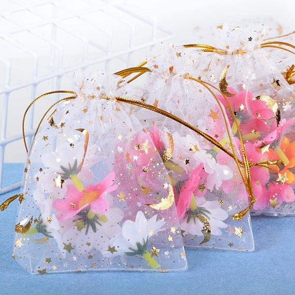 100 kpl pieniä organza-pusseja Organza-pusseja, joissa on nyöri, tähti ja kuu Organza-joulujuhla-pusseja Häälahja-karkkipusseja Korupusseja 9*12cm