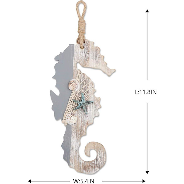 30 CM Træ Dekoration Søhest med Søstjerne og Muslinger til Nautisk Dekoration, Væg Dekoration Dør Hængende Ornament Strand