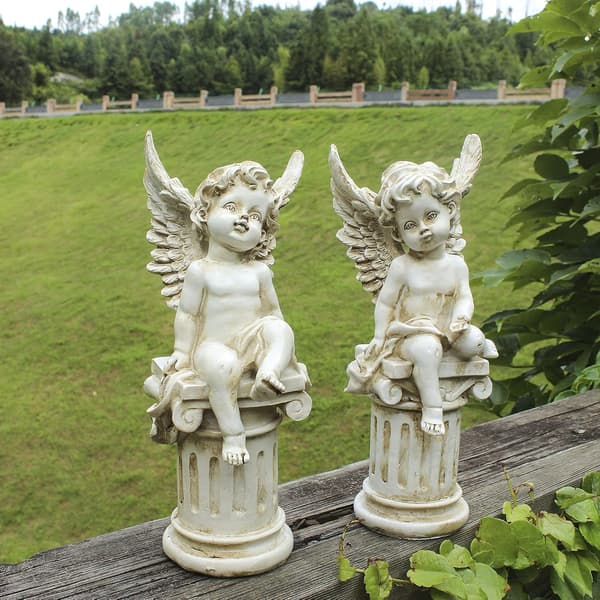 Set med 2 kjeruber engler på romersk søyle hagestatue gresk søyle engel figur skulptur